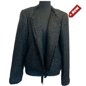 Calvin Klein black metallic silver tweed open front blazer suit jacket fringe 14